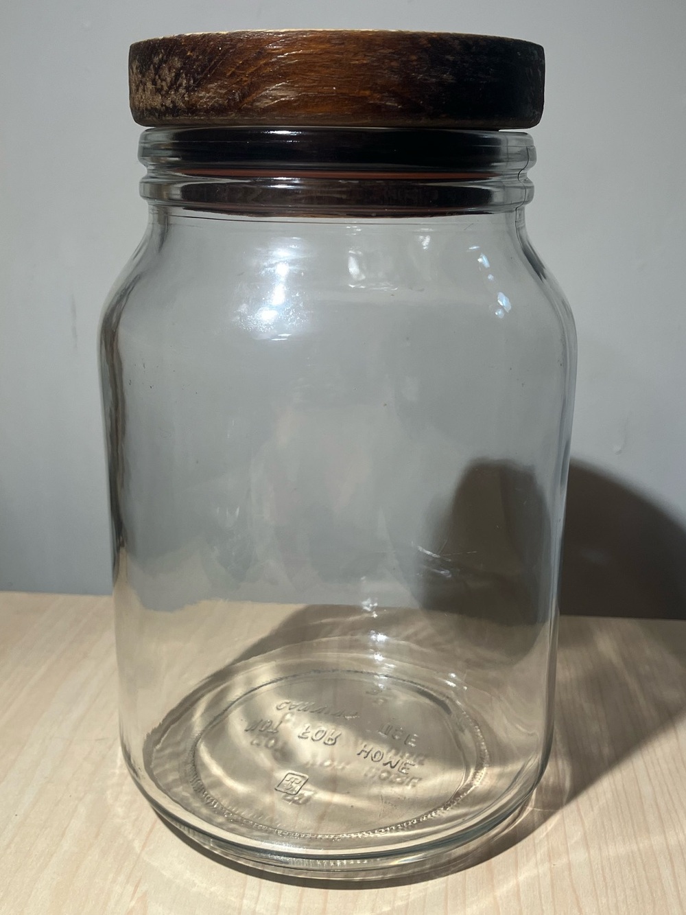 Vintage Anchor Hocking Clear Glass Kitchen Storage Jar with Dark Brown Wood Lid